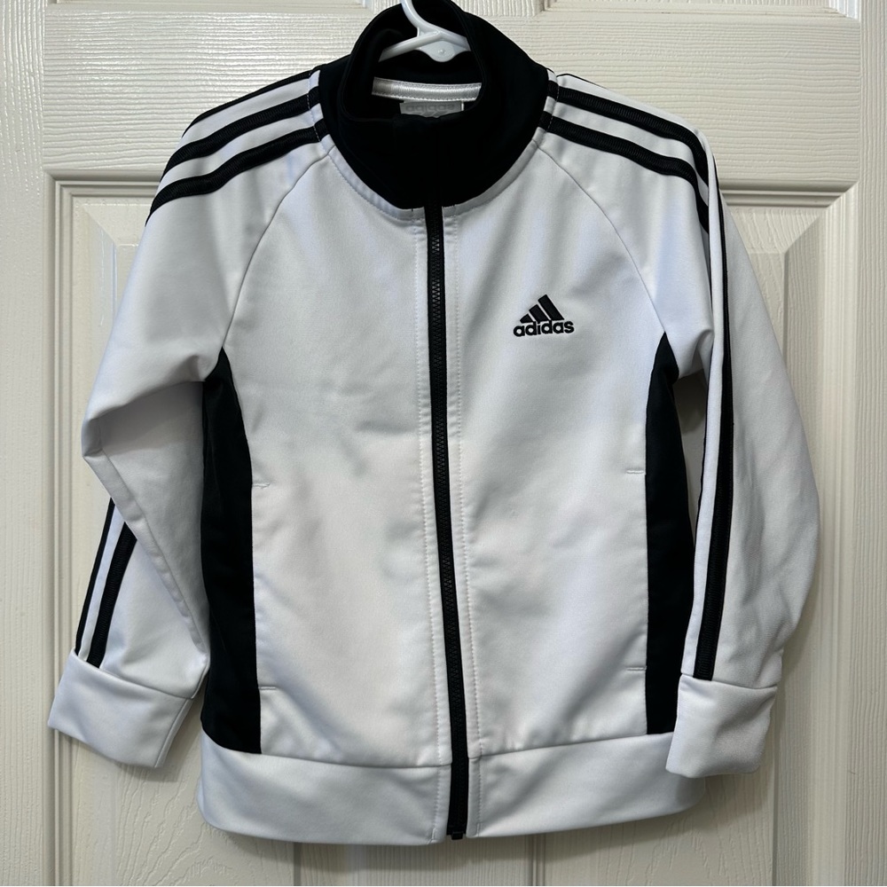 adidas Boys White Black Full Zip Up Track Jacket Size 4